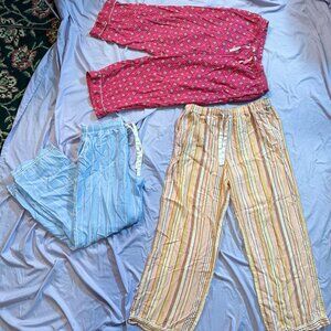 THREE Pairs of Pajama Pants (1 Pink print Capri, 2 Striped print wide leg) S/M